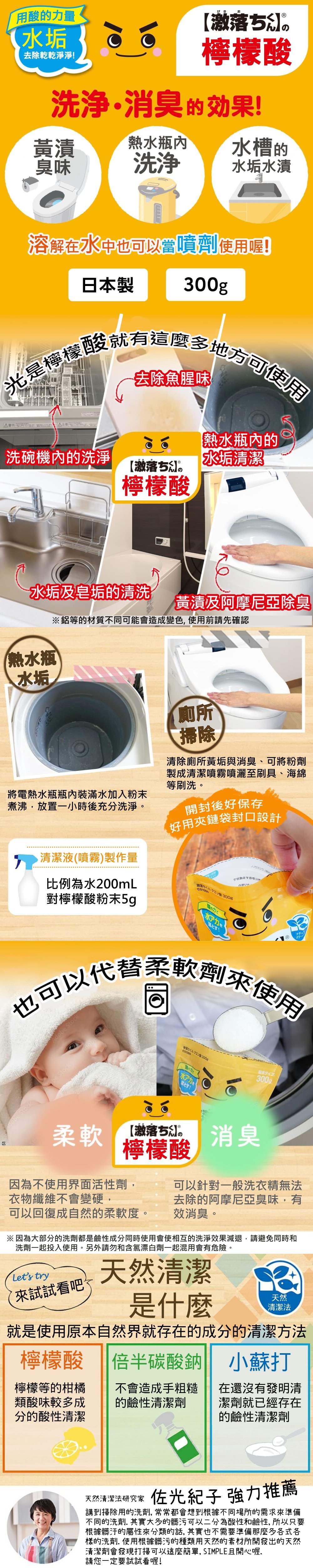 用的力量去除乾乾淨淨方】檸檬酸洗浄·消臭的効果!黃漬水槽的臭味洗浄水垢水漬溶解在水中也可以當噴劑使用喔!日本製 300g光是檸檬酸就有這麼多地方可使用去除魚腥味熱水瓶的洗碗機內的洗淨水垢清潔【激落方】檸檬酸水垢及皂垢的清洗黃漬及阿摩尼亞除臭※鋁等的材質不同可能會造成變色,使用前請先確認【熱水瓶水垢將電熱水瓶裝滿水加入粉煮沸,放置小時後充分洗淨。廁所掃除清除廁所黃垢與消臭、可將粉劑製成清潔噴霧噴灑至刷具、海綿等刷洗。開封後好保存好用夾鏈袋封口設計,清潔液(噴霧)製作量比例為水200mL對檸檬酸粉末5g激 酸の力で水落!®一也可以代替柔軟劑來使用落ちくんC300g末タイプbe Stock水アカを!300g柔軟【激落方】檸檬酸消臭因為不使用界面活性劑,衣物纖維不會變硬,可以回復成自然的柔軟度。可以針對一般洗衣精無法去除的阿摩尼亞臭味,有效消臭。※因為大部分的洗劑都是鹼性成分同時使用會使相互的洗淨效果減退,請避免同時和洗劑一起投入使用。另外請勿和含氯漂白劑一起混用會有危險。Lets try來試試看吧天然清潔是什麼天然清潔法就是使用原本自然界就存在的成分的清潔方法檸檬酸倍半碳酸鈉小蘇打檸檬等的柑橘類酸味較多成分的酸性清潔不會造成手粗糙的鹼性清潔劑在還沒有發明清潔劑就已經存在的鹼性清潔劑天然清潔法研究家 佐光紀子 強力推薦講到掃除用的洗劑,常常都會想到根據不同場所的需求來準備不同的洗劑. 其實大多的髒污可以二分為酸性和鹼性,所以只要根據髒汙的屬性來分類的話,其實也不需要準備那麼多各式各樣的洗劑. 使用根據髒污的種類用天然的素材所開發出的天然清潔劑會發現打掃可以這麼簡單,SIMPLE且開心喔.請您一定要試試看喔!