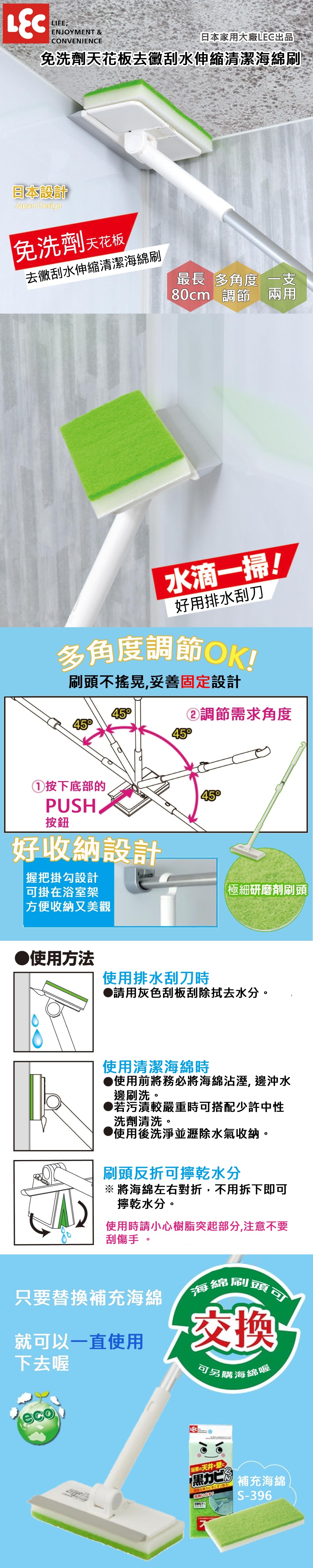 LIEENJOYMENT &CONVENIENCE家用大廠LEC出品免洗劑天花板去黴刮水伸縮清潔海綿刷日本設計 Japan Design免洗劑 天花板去黴刮水伸縮清潔海綿刷最長 多 一支80cm 調節兩用水滴一掃好用排水刮刀多角度調節OK!刷頭不搖晃,妥善固定設計4545按下底部的PUSH按鈕好收納設計握把掛勾設計可掛在浴室架方便收納又美觀②調節需求角度4545極細研磨刷頭使用方法使用排水刮刀時●請用灰色刮板刮除水分。使用清潔海綿時●使用前將務必將海綿,邊沖水邊刷洗。若污漬較嚴重時可搭配少許中性洗劑清洗。●使用後洗淨並瀝除水氣收納。刷頭反折可擰乾水分 將海綿左右對折,不用拆下即可擰乾水分。使用時請小心樹脂突起部分,注意不要刮傷手。只要替換補充海綿海綿刷頭可就可以一直使用下去喔交換可另購海綿喔eco浴室天井壁F黒カビ!補充海綿S-396